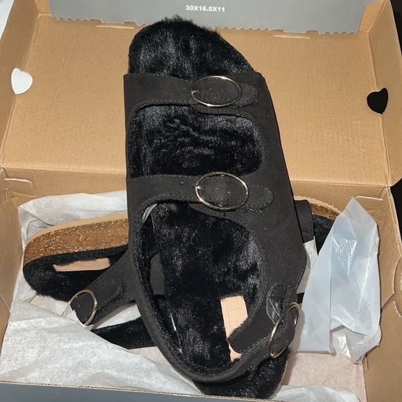 LOFT Sherpa open toe double buckle sandals black new Sz 10 1/2 sling back - Picture 5 of 7